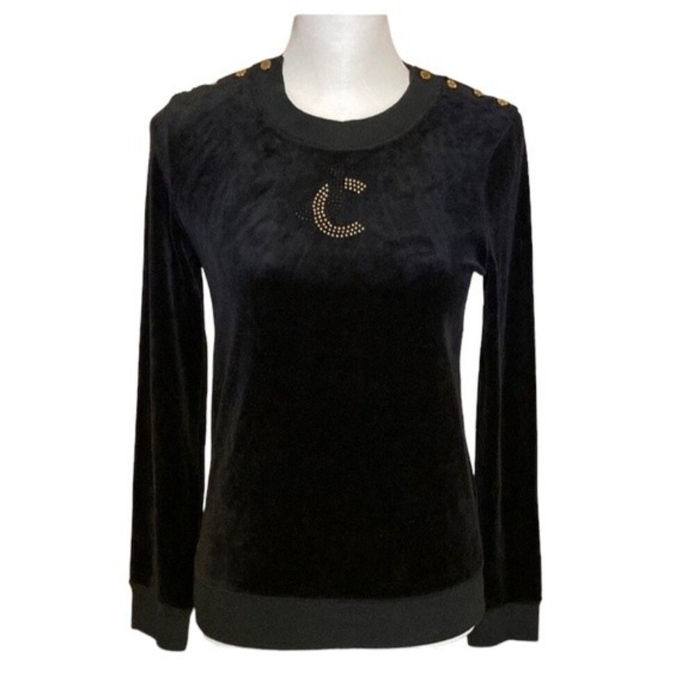 Vintage Juicy Couture black velvet sweatshirt w/Juicy studded emblem.